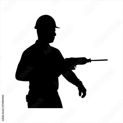 Silhouette of a construction worker holding a drill isolated on transparent background