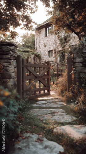 Charming Garden Gate Leading to a Stone Cottage in a Serene Rural Landscape a...