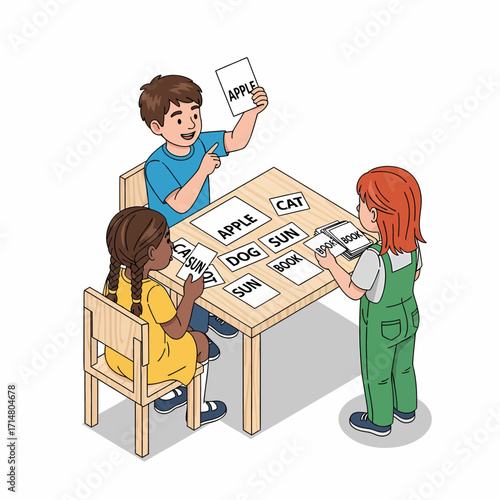Children playing a word matching game at a table, holding up cards with words like apple, cat, and sun.