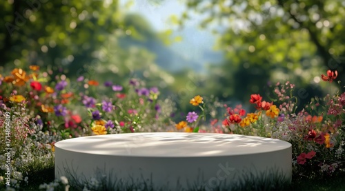Bright Garden Scene With Colorful Flowers and a Circular Platform in Soft Eve...