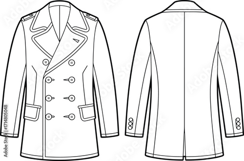 coat, double, breasted, outerwear, fashion, clothing, apparel, garment, jacket, lapel, collar, pocket, sleeve, button, stylish, classic, front, back, vector, illustration