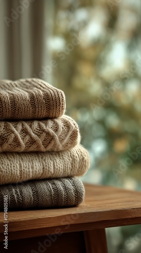 Cozy Knit Sweaters Stacked on a Wooden Table in a Warm, Inviting Indoor Space...