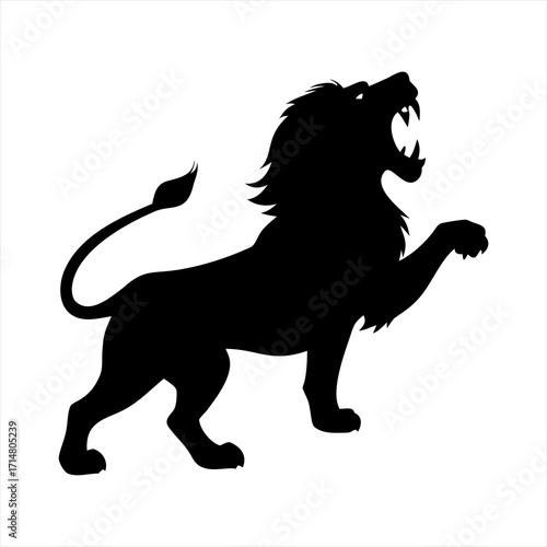 Black silhouette of a roaring lion with its paw raised isolated on transparent background