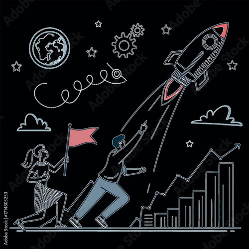 Ascension in the Skies: Conceptual line art depicts a rocket's trajectory skyward, propelled by teamwork and determination, charting a course to ambition.