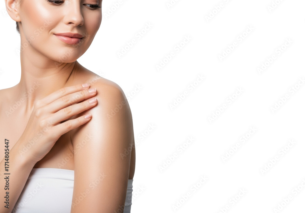 Naklejka premium Young Caucasian woman, early 20s, in a white strapless top, radiant skin, gentle hand on shoulder, serene smile, studio, minimalist background, copy space, concept of natural beauty and skin health
