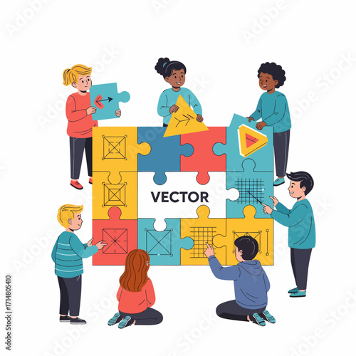 Diverse children collaboratively assembling a large puzzle with geometric shapes, grids, and the word 'VECTOR', symbolizing learning and teamwork.