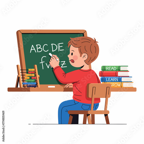 A young boy sits at a desk writing letters on a chalkboard, educational books and an abacus are nearby.