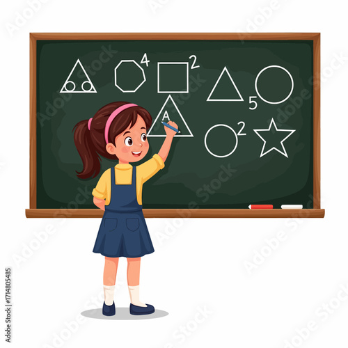 A girl drawing shapes and numbers on a chalkboard.