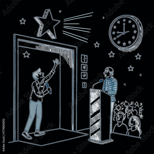 Aspiring to Rise: A captivating sketch captures a scene of aspiration and potential as one figure reaches for the stars above while another delivers a motivational speech from the podium. 