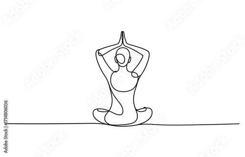 Meditating figure in lotus pose with hands clasped above head simple outline drawing vector