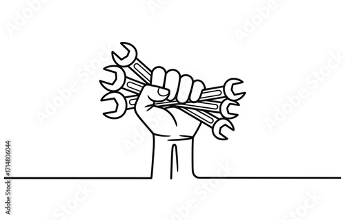 A powerful image of a clenched fist holding a bunch of wrenches. This graphic represents strength, hard work, industrial power, and the tools of labor.