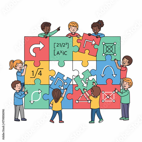 Diverse group of children working together to assemble a large, colorful jigsaw puzzle with math and logic symbols.