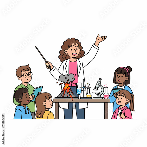 Science teacher conducting a volcano experiment for kids.