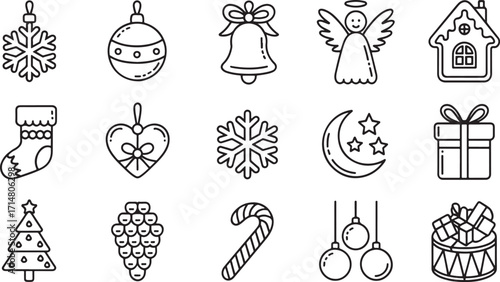 Christmas Icons Set: Ornaments, Trees, Bells, Gifts and Holiday Symbols.