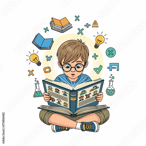 A boy sits cross-legged, engrossed in a magical book, surrounded by swirling educational symbols and glowing light.