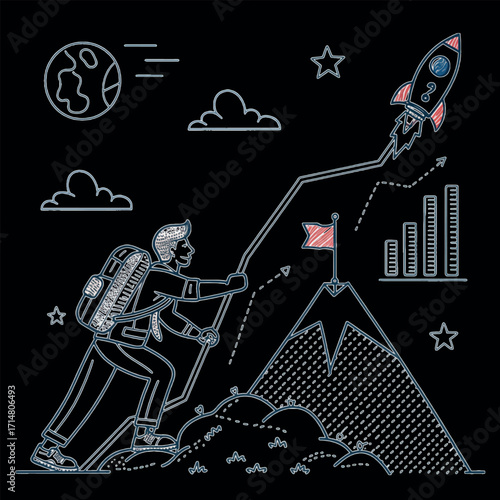 Achieving Goals: An illustration of a determined person on a mountain climbing, reaching towards a flag. This image represents the hard work of reaching goals with rocket and earth on dark background.