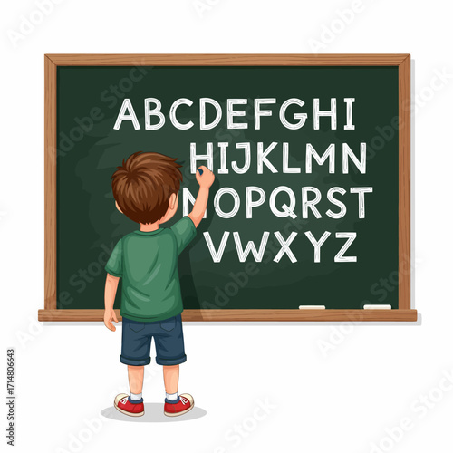 A young boy with his back to the viewer writes the English alphabet in white chalk on a green chalkboard.