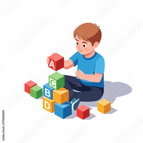 Cute little boy sitting on the floor and playing with colorful alphabet building blocks, learning letters and developing skills.