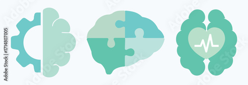 Heartbeat, brain, medicine, mental health, heart, healthy, intelligence, network, solution, puzzle. Medical, treatment, therapy, healing, mind. Vector, illustration, icon, set, symbol