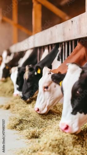 Cows enjoying hay in warm light at a rustic dairy farm