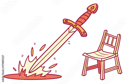 Cartoonish Magical Sword Plunged into Ground Emitting Glowing Orange Energy.