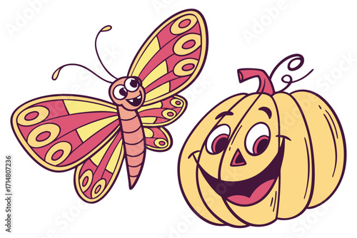 Cheerful cartoon butterfly with pink and yellow patterned wings alongside a happy jackolantern pumpkin character.