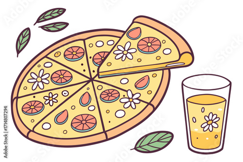Colorful cartoon pizza with fruit slices white flower toppings juice glass and green leaves in playful flat illustration style.
