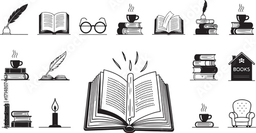 Hand-Drawn Line Icons of Books, Reading and Library Elements.