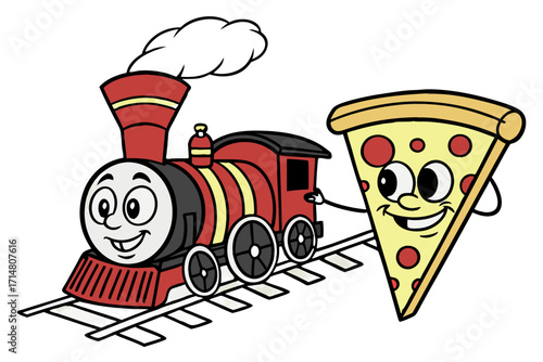 Friendly Cartoon Train and Pizza Slice Characters Smiling Whimsical Illustration.