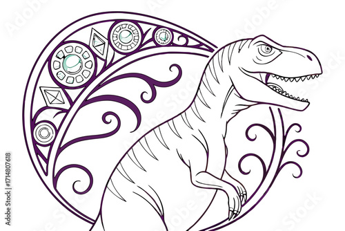 Fierce TRex profile illustration with ornate purple frame swirling patterns and teal gemstone accents.