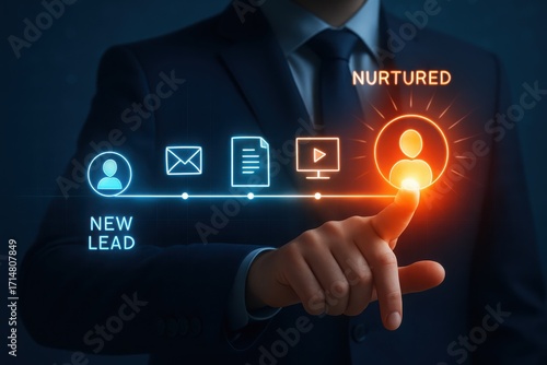 Business professional nurturing a new lead through digital marketing stages