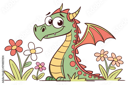 Smiling Green Cartoon Dragon Character with Yellow Belly Red Spikes and Large Expressive Eyes.