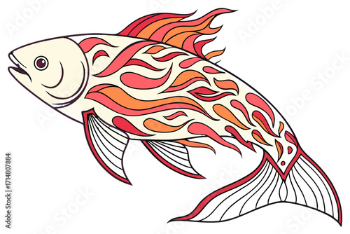 Stylized Cream Fish with Fiery Red and Orange Flame Patterns Swimming Pose Illustration.