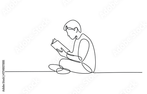 One line drawing of person sitting and reading a book peaceful study hobby leisure activity vector