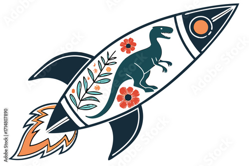 Stylized dark blue rocket with a roaring teal dinosaur redorange flowers and bright orange exhaust flame.