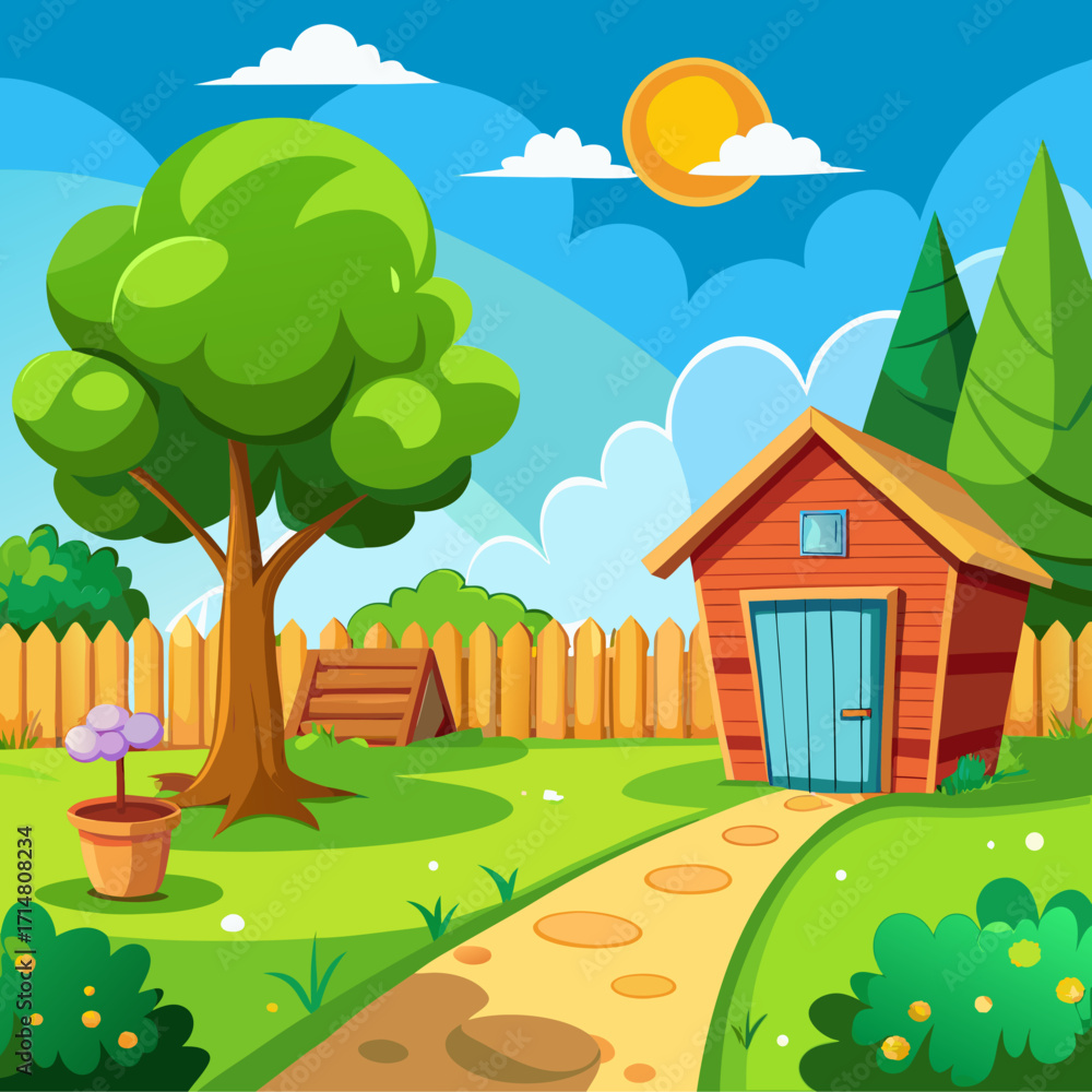 Fototapeta premium Sunny cartoon backyard scene with tree shed and potted plant vector illustration