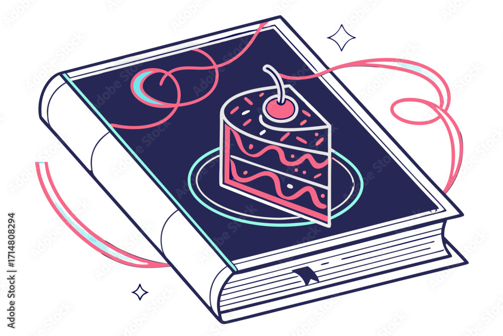 Fototapeta premium Vibrant flat design illustration of a closed book featuring a cherrytopped cake slice on its dark blue cover.