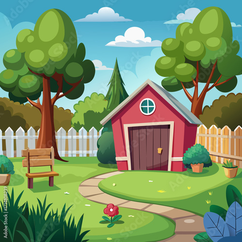 Cartoon suburban backyard landscape illustration with red shed and trees
