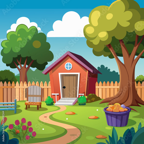 Cartoon suburban backyard landscape with garden shed trees and fence vector illustration