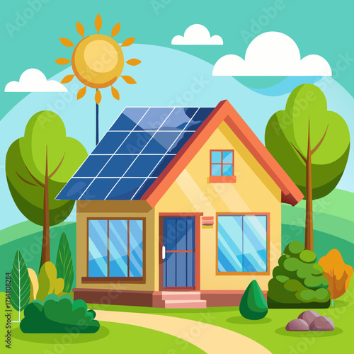 Modern eco-friendly cottage vector illustration solar panels sustainable energy green living