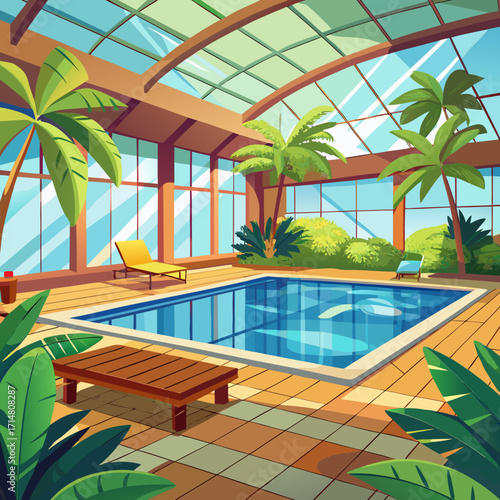 Vibrant cartoon indoor swimming pool oasis lush tropical plants sunlight
