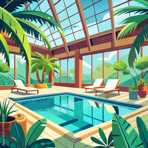 Vibrant indoor swimming pool oasis with lush tropical plants and sunny glass roof vector illustration