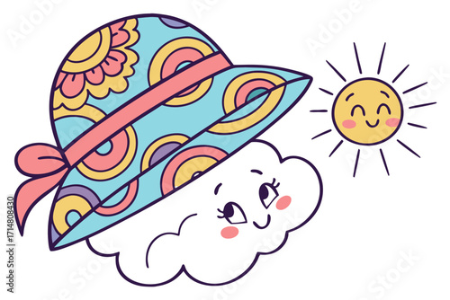 Whimsical cartoon cloud in vibrant patterned sun hat gazing at cheerful smiling sun.