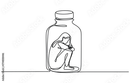 Abstract line art depicting solitude and confinement within a bottle symbolizing isolation vector
