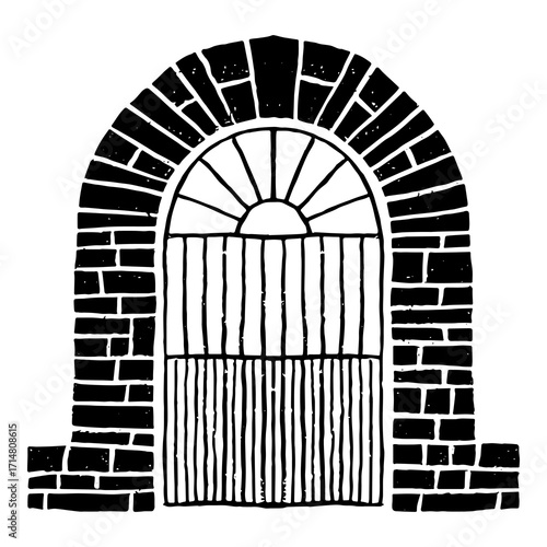 Black stone archway with barred wooden gate, vector illustration