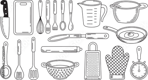 Hand-Drawn Line Icons of Kitchen Utensils and Cooking Tools.
