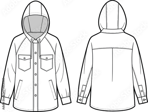 jacket, hooded, outerwear, fashion, clothing, apparel, garment, coat, casual, button, pocket, sleeve, collar, stylish, front, back, vector, design, sketch, illustration