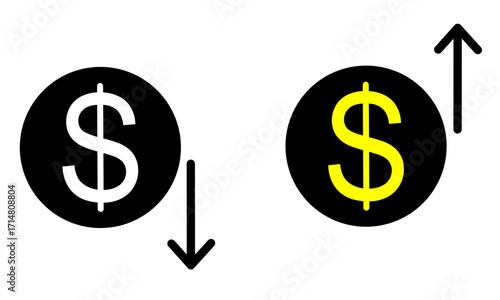 Rising and falling dollar symbol icons. White downward tilt and yellow upward tilt $ signs, vector finance concept for economy, trading, investment, posters and business design.