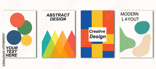 Abstract poster set. Four creative layouts with colorful circles, geometric triangles, square block patterns and organic shapes, modern templates for posters, flyers, and graphic design