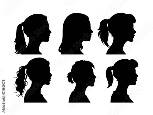 Woman heads in profile. Beautiful female faces profiles, black silhouette outline avatars, anonymous portraits with hairstyle vector set
